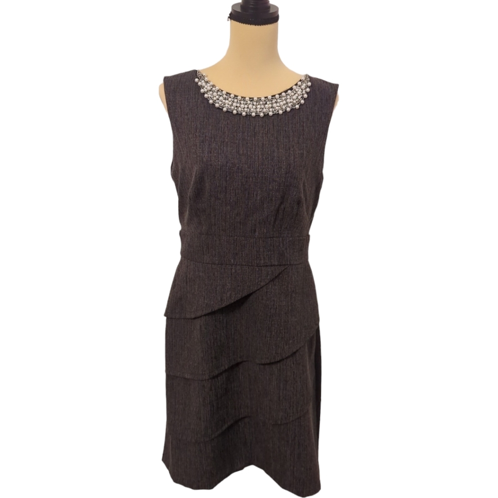 Connected Grey Layered Look Dress with Pearl Neckline Dress size 12 US Midi